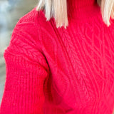 RED GLITZY CABLE KNIT SWEATER