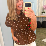 Polka Dot Drawstring Waist Blouse