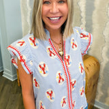 Blue Lobster Print Embroidery Blouse