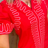 Red Pink Wavy Embroidered Puff Sleeve Mini Dress