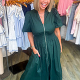 HUNTER GREEN FRONT ZIP MIDI DRESS