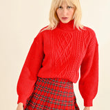 RED GLITZY CABLE KNIT SWEATER