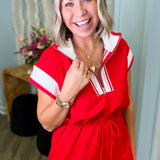 Tiffany Red Half Zip Drawstring Knit Mini Dress