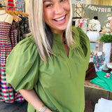 Olive Bubble Sleeve Blouse