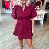 Button Down Maroon Puff Sleeve Mini Dress