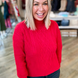 RED GLITZY CABLE KNIT SWEATER