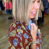 LENORA BROWN FLORAL V NECK TOP