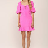 PINK PUFF SLEEVE RUFFLE HEM DRESS