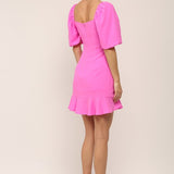 PINK PUFF SLEEVE RUFFLE HEM DRESS