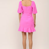 PINK PUFF SLEEVE RUFFLE HEM DRESS