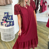 Maroon Midi Eyelet Puff Sleeve Dress