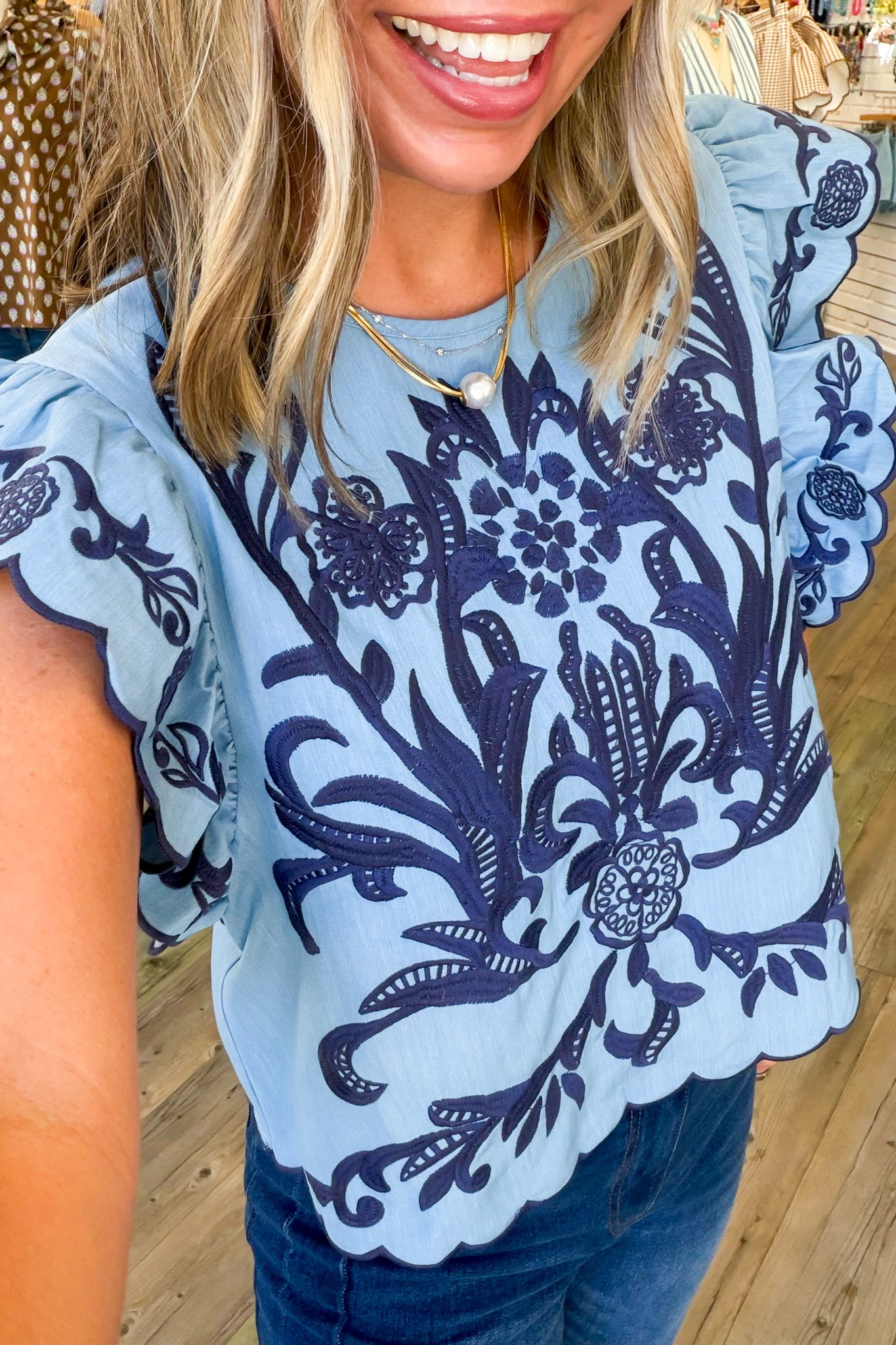 Blue Ruffled Sleeve Embroidery Blouse