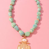 Mint Marble Beaded Medallion Pendant Necklace