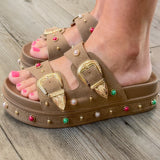 Studded Double Buckle Platform Slide Sandal