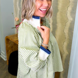 Green Striped Half Zip Blouse