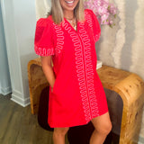 Red Pink Wavy Embroidered Puff Sleeve Mini Dress