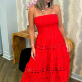 Red Eyelet Lace Tube Midi Dress