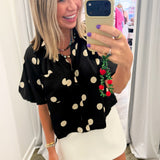 Satin Puff Sleeve Polka Dot Blouse