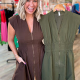 OLIVE FRONT ZIP SMOCKED MINI DRESS