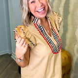 Carter Ruffle Taupe V-Neck Blouse