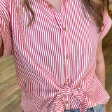 Red Stripe Tie Front Blouse