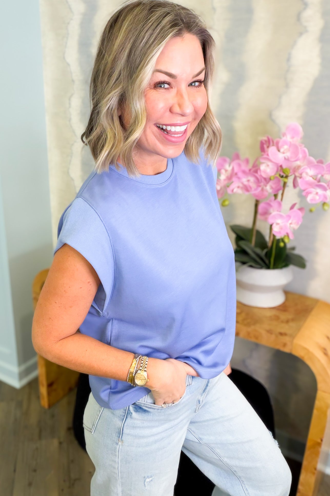 women's boxy relaxed fit tee in blue or green