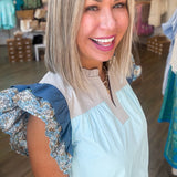 TAUPE COLORBLOCK FLUTTER TOP