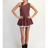 Maroon Asymmetrical Gathered Neck Sleeveless Ruffle Dress