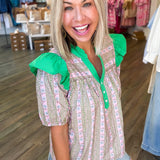 MORGAN GREEN FLORAL STRIPE TOP