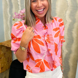 Palm Leaf Floral Ruffle Sleeve Top