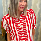 Taylor Red Stripe Ruffle V-Neck Blouse