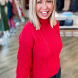 RED GLITZY CABLE KNIT SWEATER