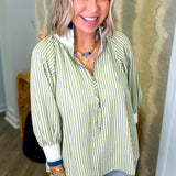 Green Striped Half Zip Blouse