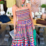 Smocked Bodice Plaid Tiered Maxi Dress