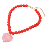 Chunky Marbled Resin Heart Charm Beaded Necklace: Pink