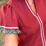 LEANNE MAROON FRINGE BLOUSE