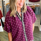 Maroon Polka Dot Puff Sleeve Blouse