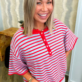 Henley Red and Blue Striped Knit Top