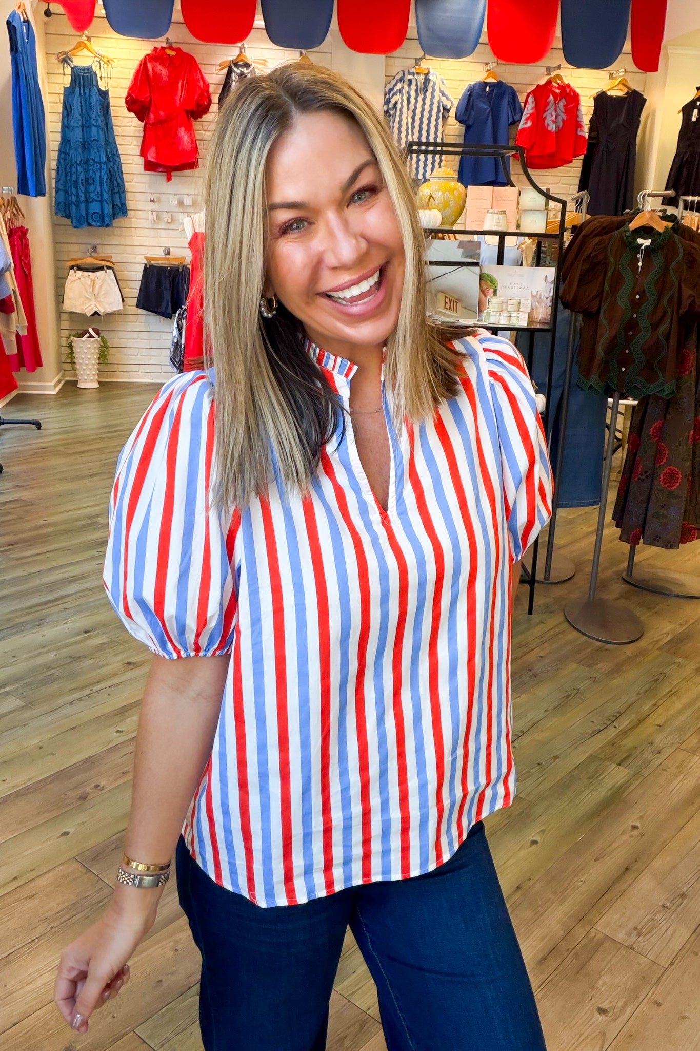 Darby Split Neck Blue and Red Striped Top