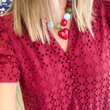 Maroon Midi Eyelet Puff Sleeve Dress