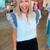 TAUPE COLORBLOCK FLUTTER TOP