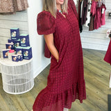 Maroon Midi Eyelet Puff Sleeve Dress
