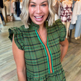 CONNIE GREEN PLAID RUFFLE TOP