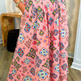 Pink Majolica Tile Print Midi Skirt