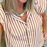 Brown Stripe Bubble Button Up Blouse