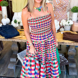 Smocked Bodice Plaid Tiered Maxi Dress