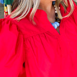 Red Bubble Sleeve V-Neck Blouse