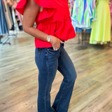 DARK DENIM HR FLARE JEANS