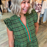 CONNIE GREEN PLAID RUFFLE TOP