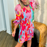 Multi Floral Pleated Mini Dress